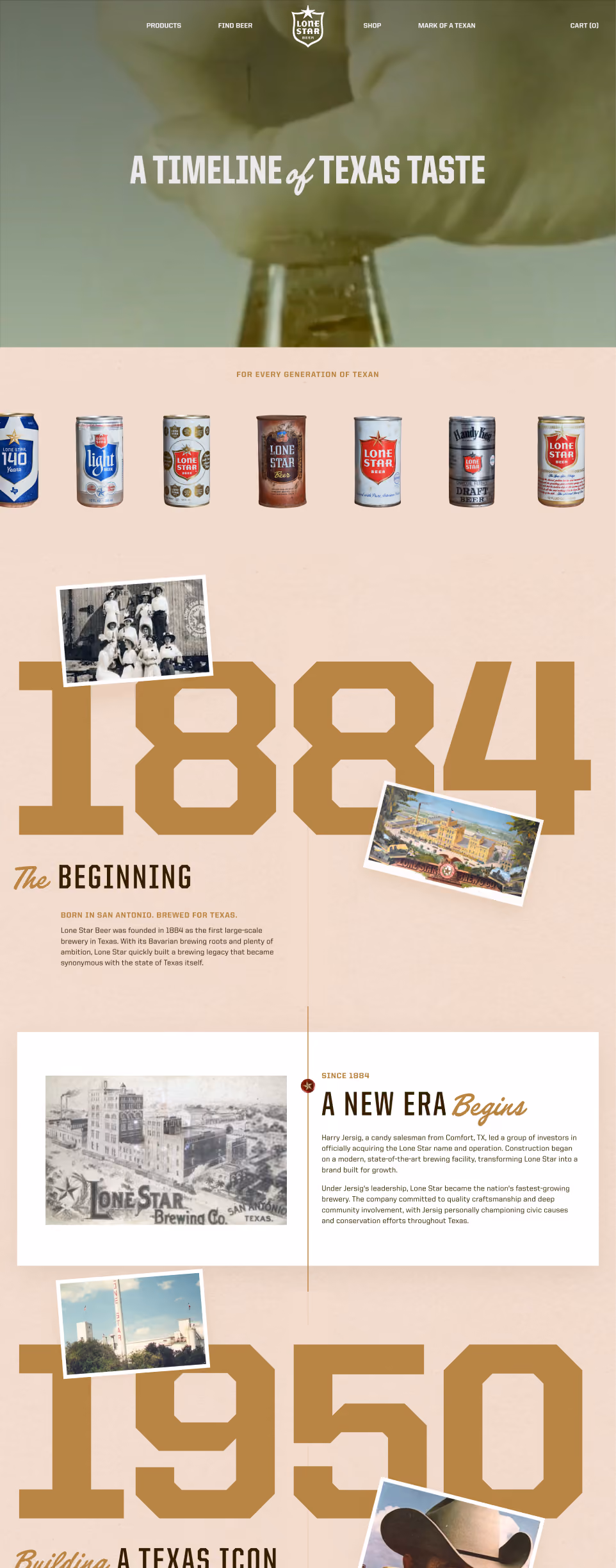 Lone Star Beer history page, desktop layout