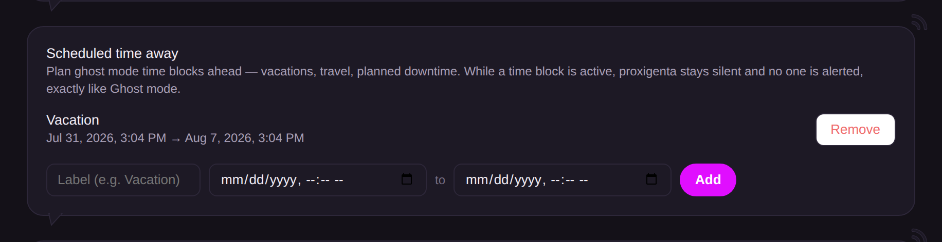 The Scheduled time away card with a vacation ghost mode time block