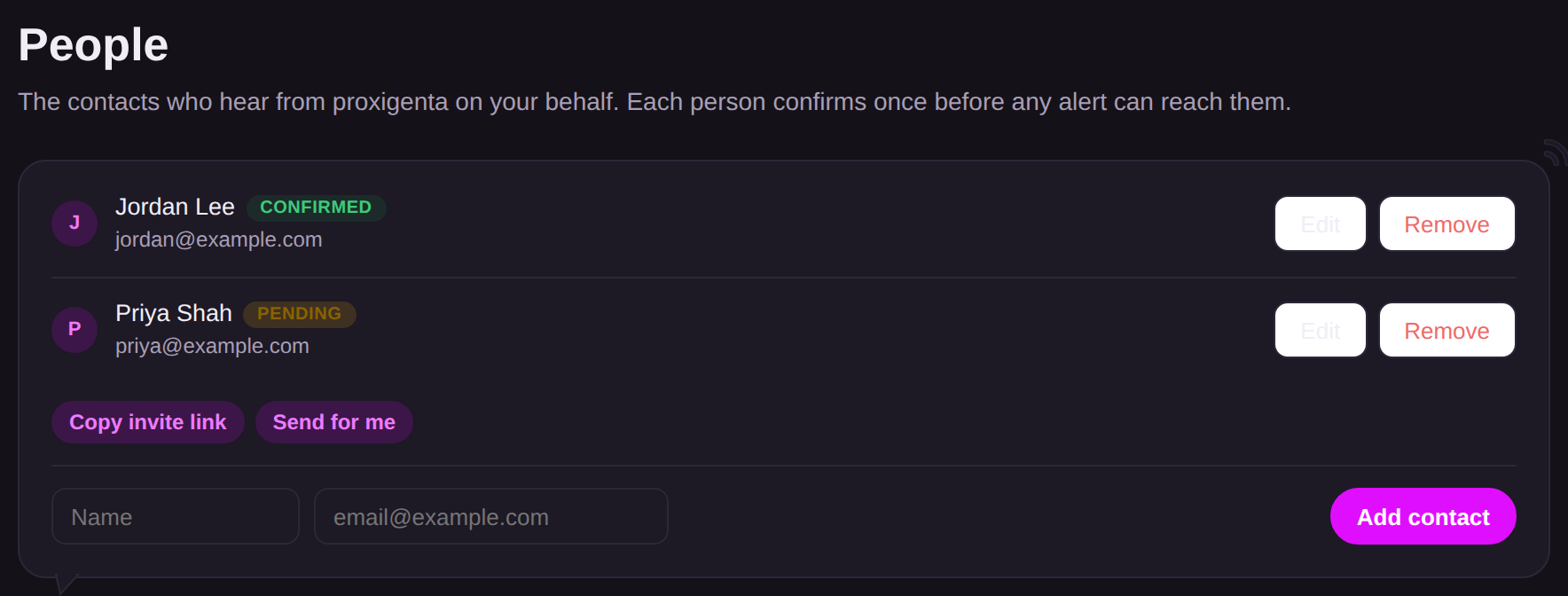 The People page showing a confirmed contact and a pending contact with Copy invite link and Send for me buttons