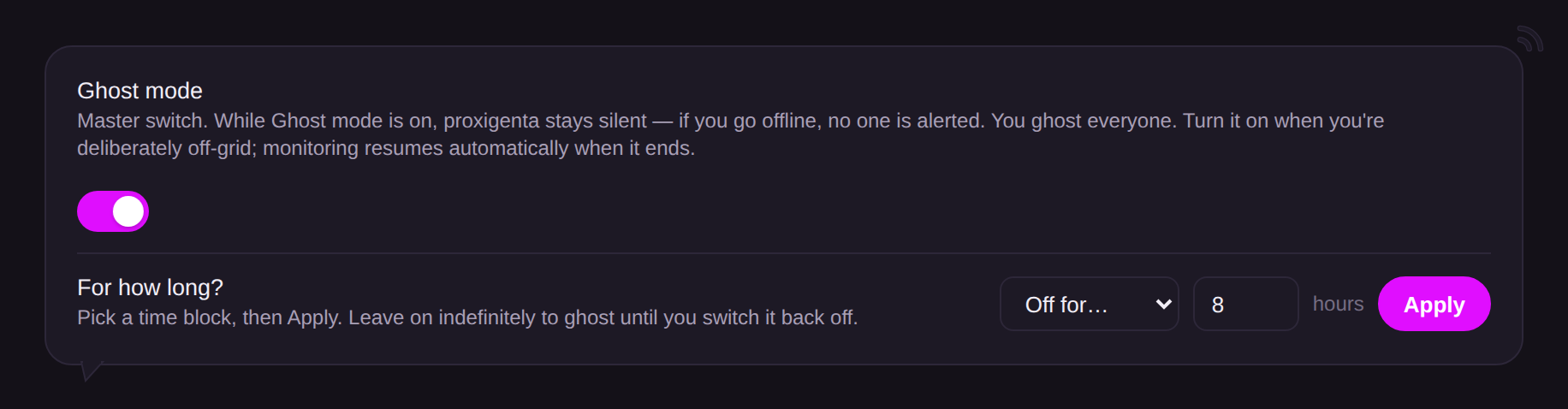 The Ghost mode quick action panel with the duration selector