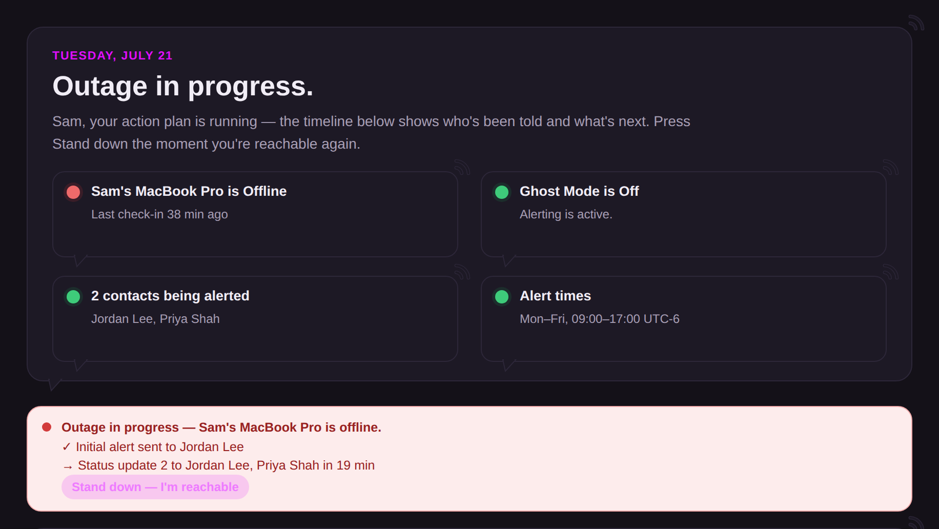 The Overview during an outage: red status, the action plan timeline of who has been told, and the Stand down button