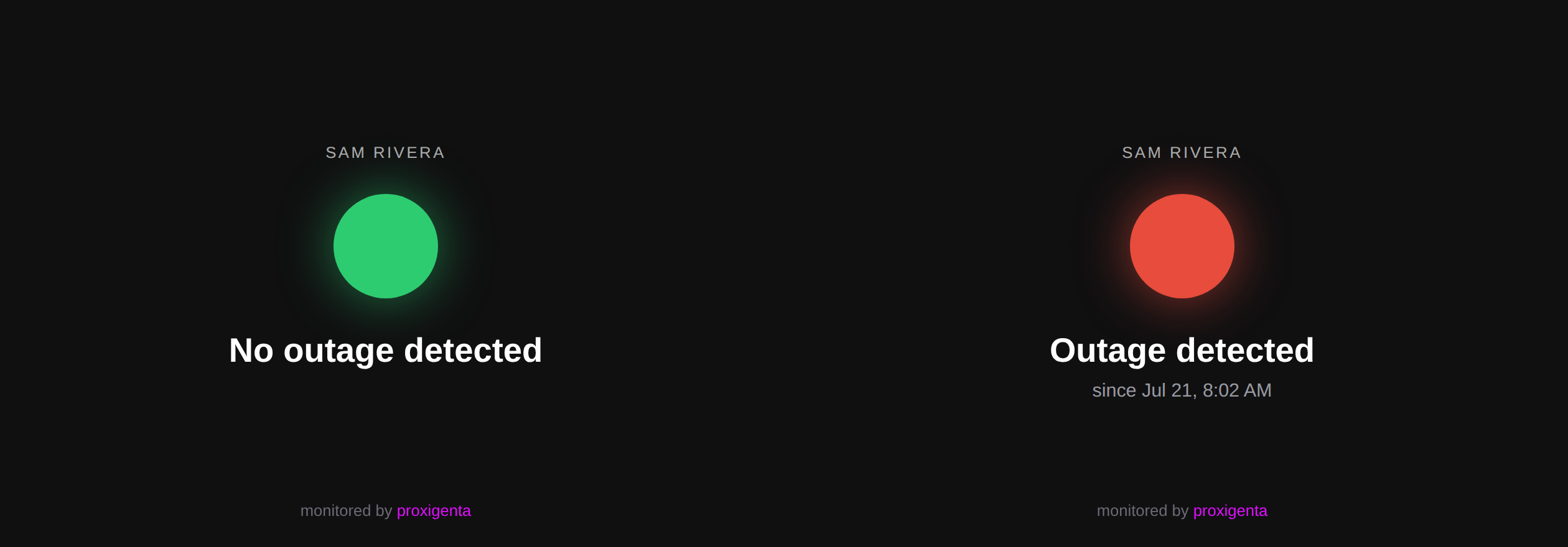 The public status page in both states: a green dot with No outage detected, and a red dot with Outage detected and a since time