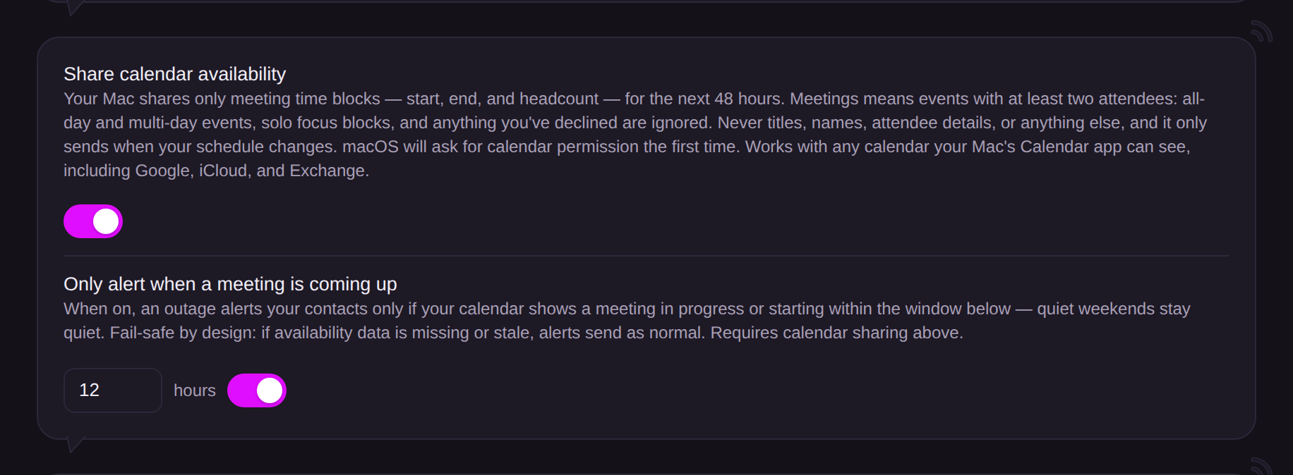 The calendar sharing and meeting gate card with the hours window input