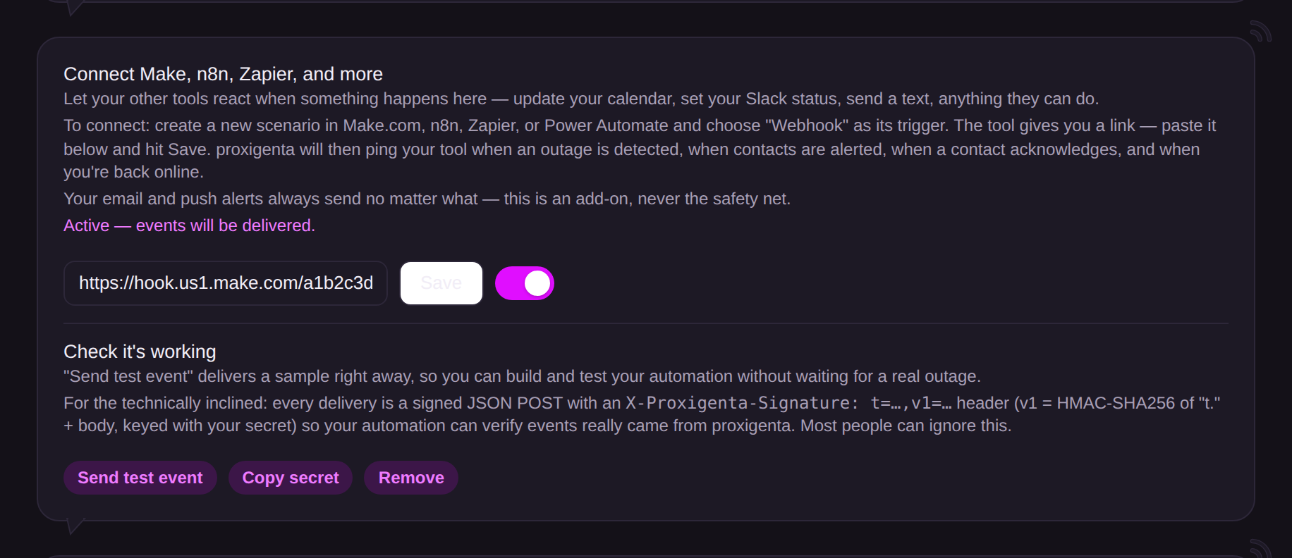 The webhook card with an active URL, Send test event, and Copy secret buttons