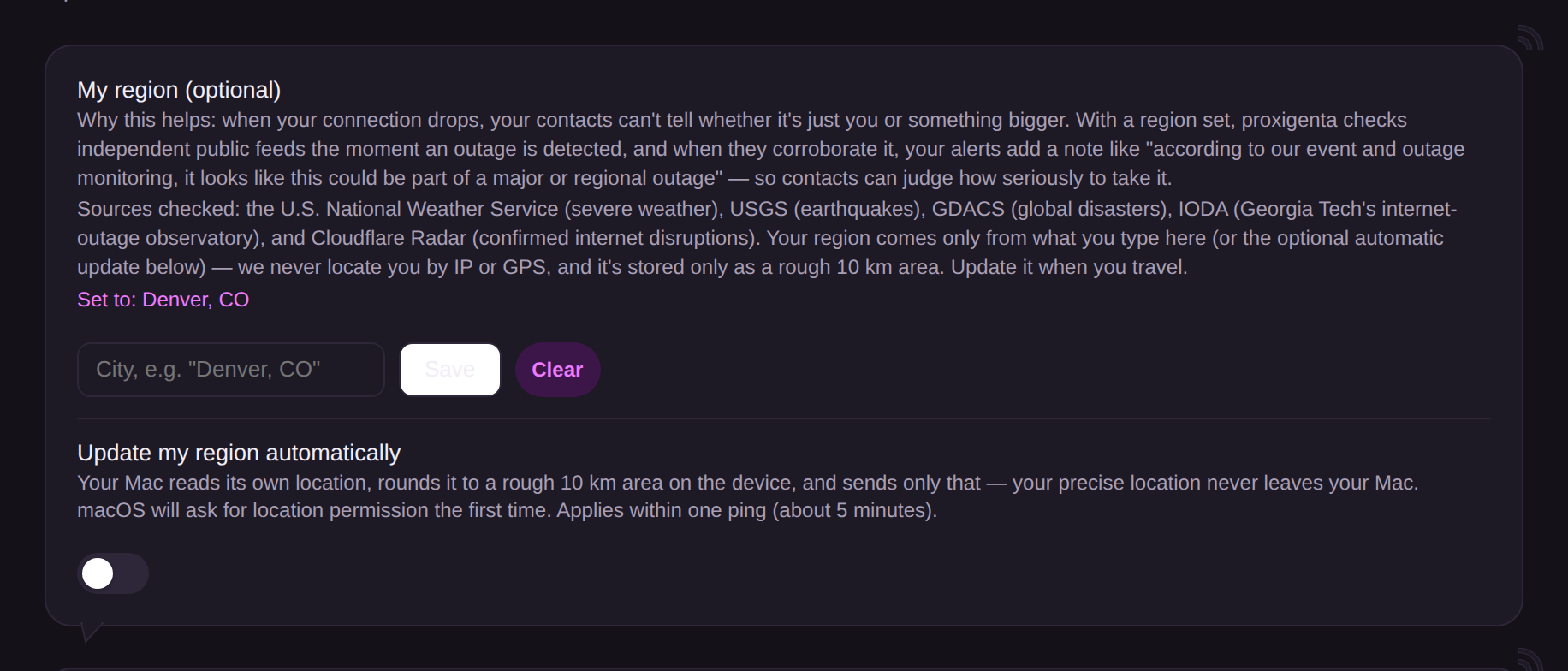 The My region card with a region set and the automatic update toggle