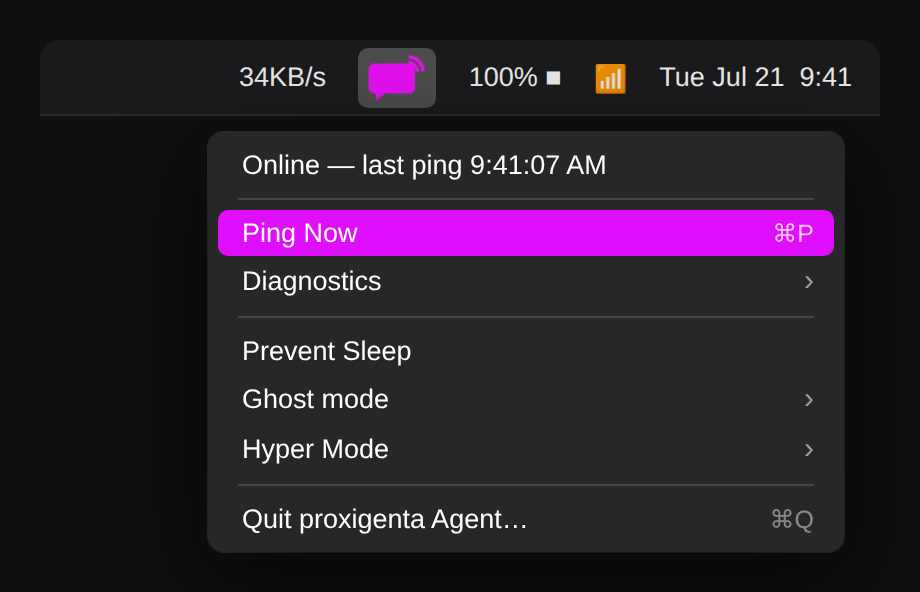The agent's menu bar menu: status line, Ping Now, Diagnostics, Prevent Sleep, Ghost mode, and Hyper Mode