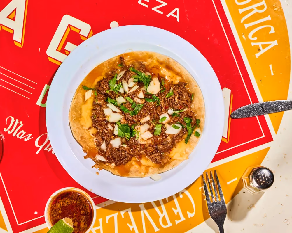 Birria quesadilla with braised brisket and melted cheese, served with consomé