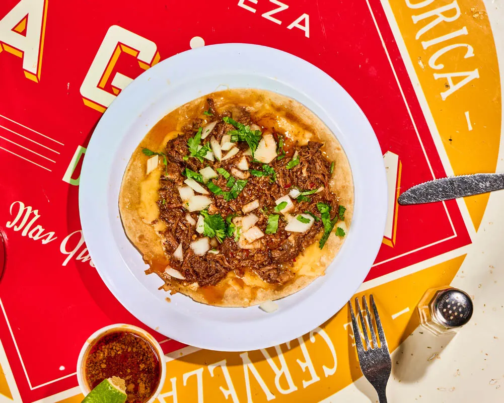 Birria quesadilla with braised brisket and melted cheese, served with consomé