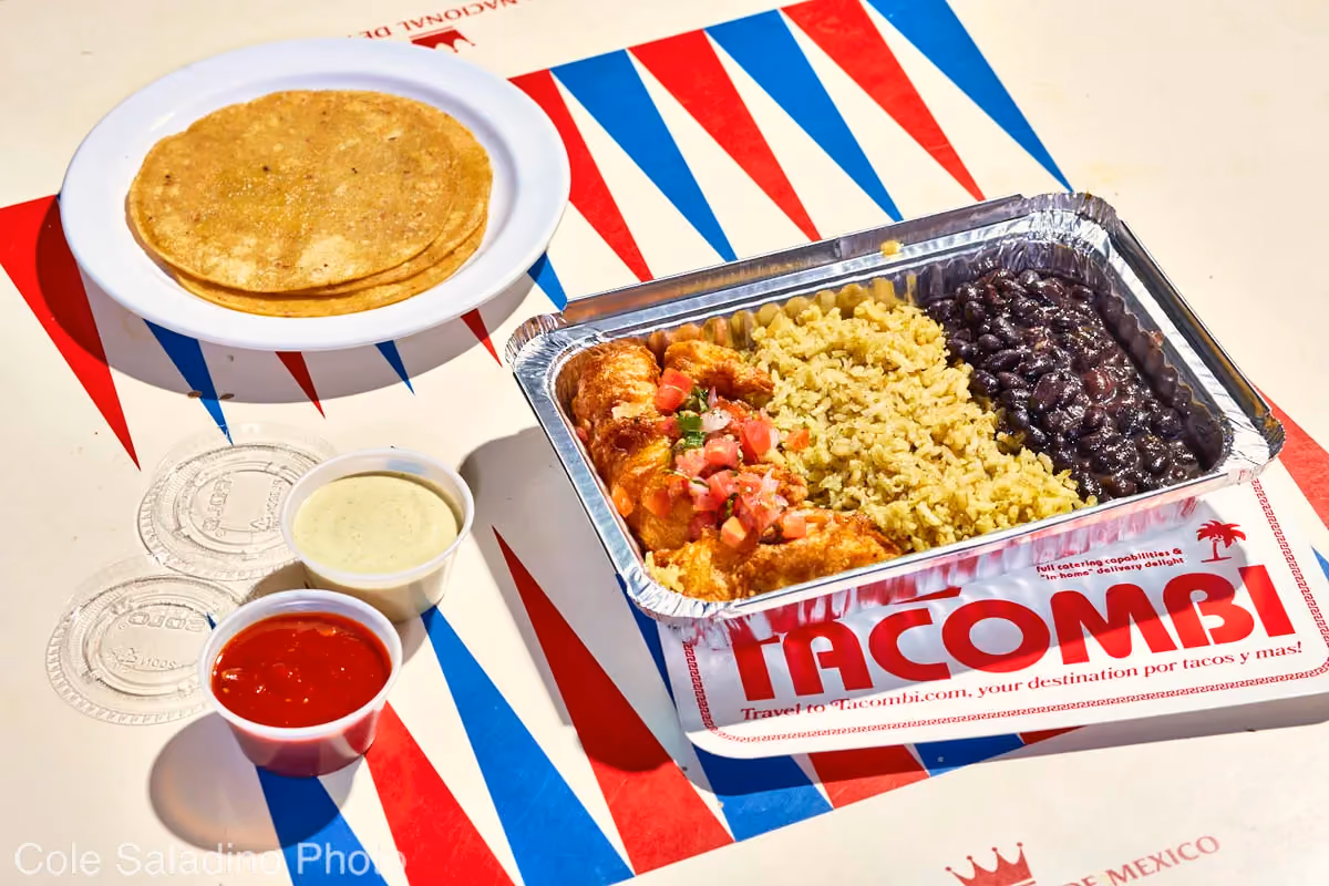 Baja crispy fish plato with beer-battered cod, pico de gallo, rice and beans