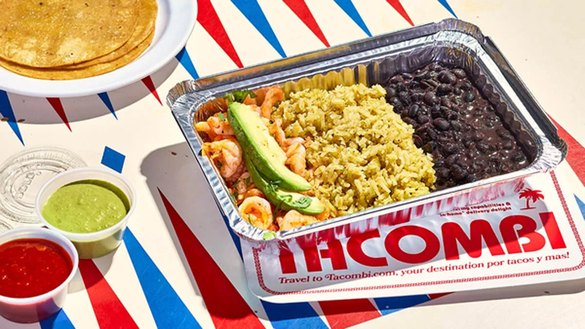 Sinaloa shrimp plato with pickled onions, avocado, rice and beans