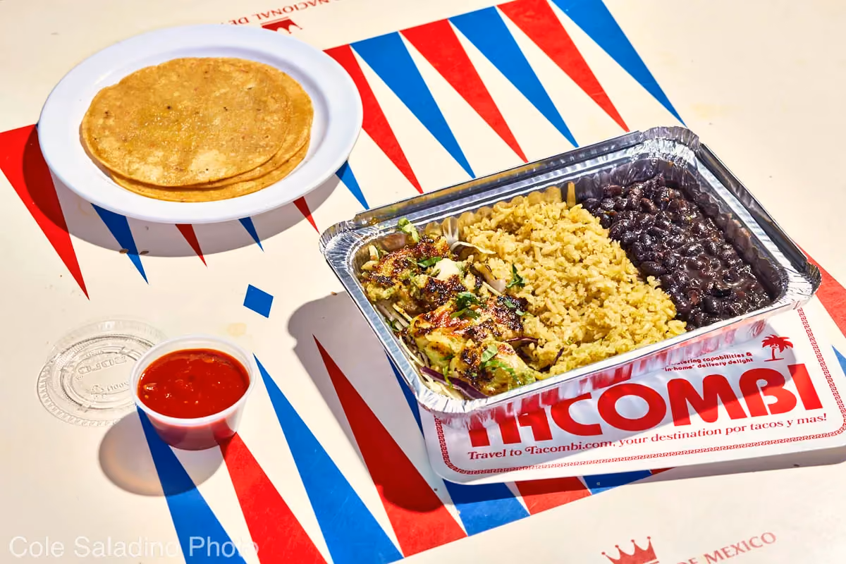 Seared fish plato with cilantro mojo cod, rice, beans and tortillas