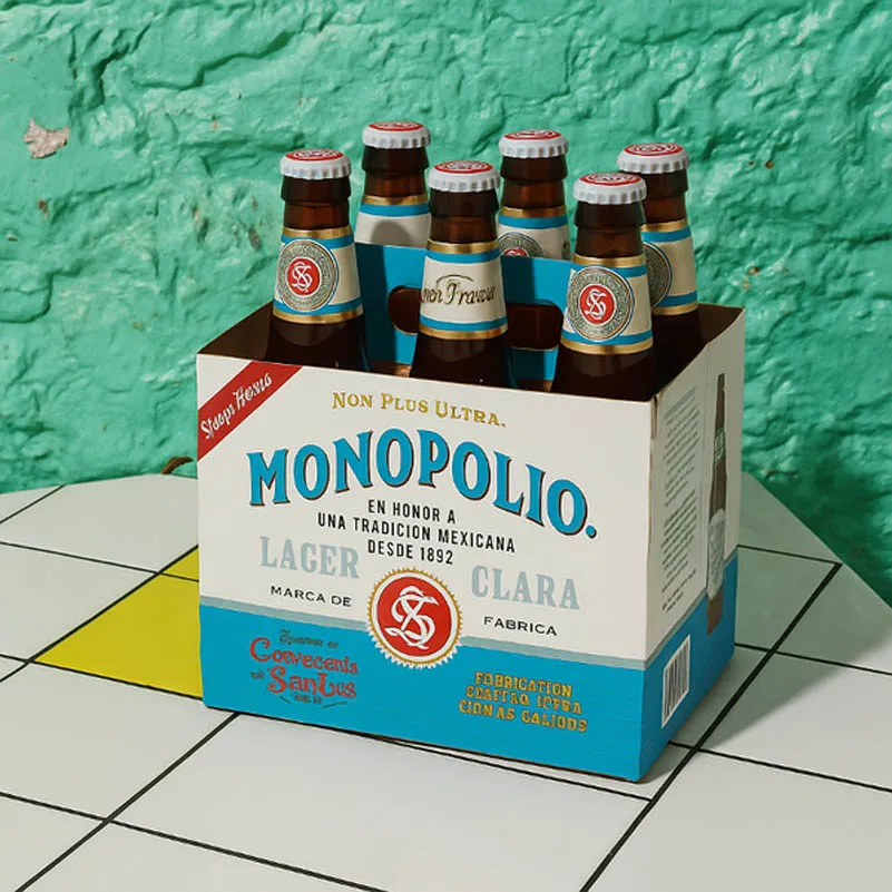 Six-pack of Monopolio Clara lager bottles (cubetazo)