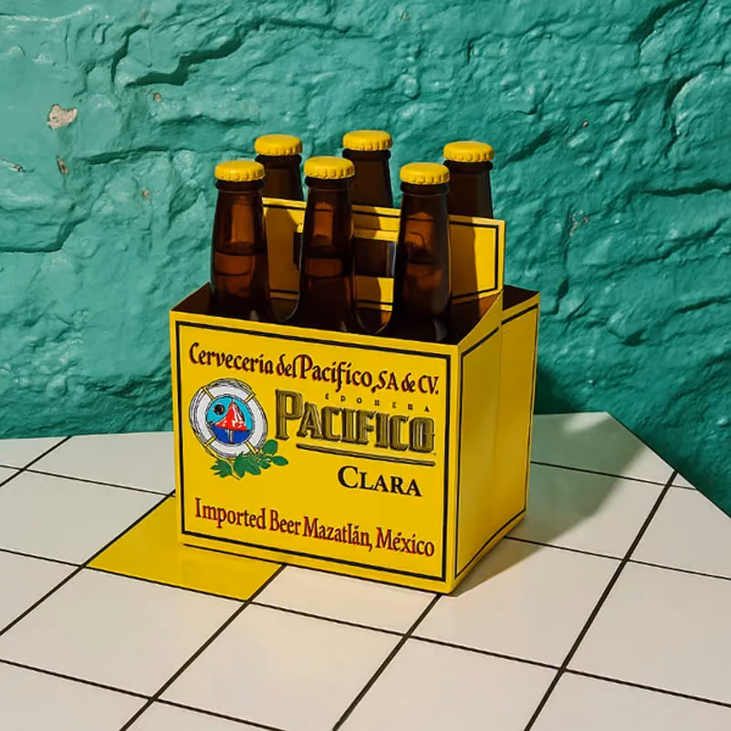 Six-pack of Pacifico Mexican lager bottles (cubetazo)