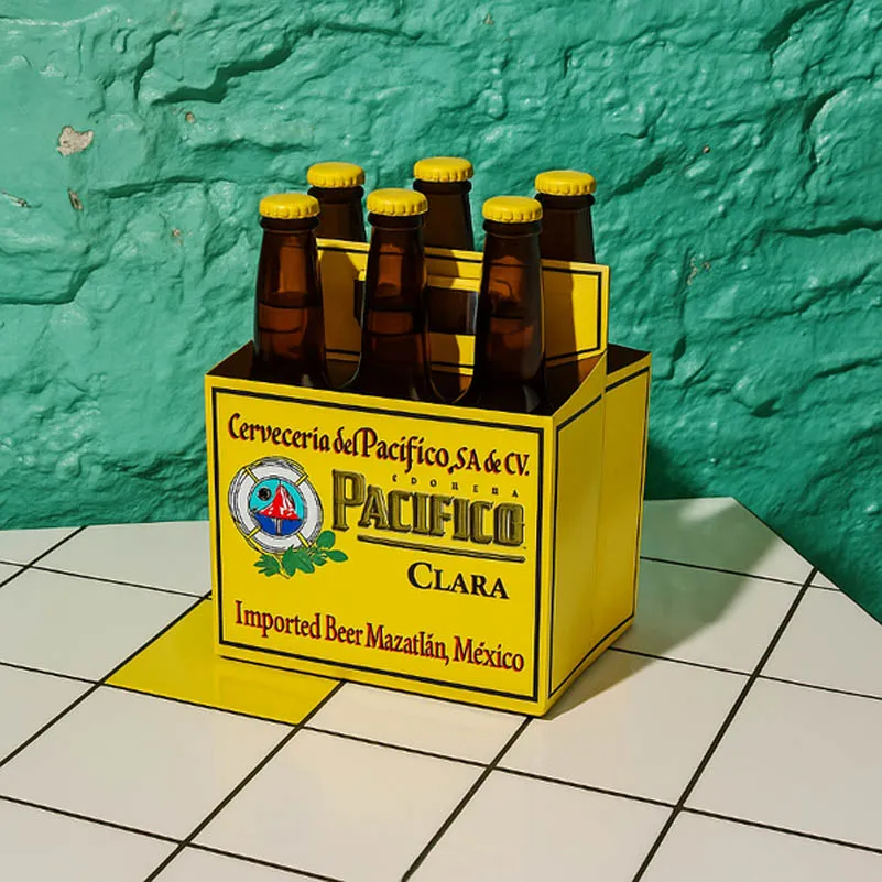 Six-pack of Pacifico Mexican lager bottles (cubetazo)