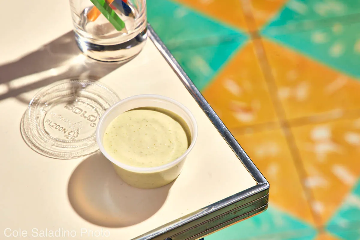 Side of poblano mayo salsa with roasted poblano, jalapeño and cilantro