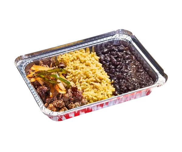 Takeout container with rice, black beans, and shredded meat