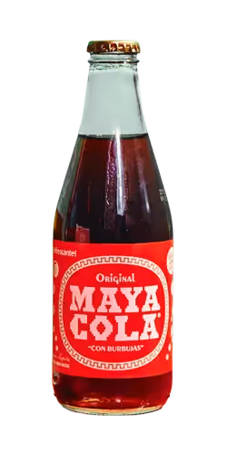 Glass bottle of a beverage with a red label