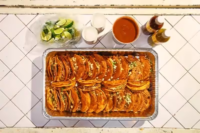 Invite your group to taste the famous taco from Jalisco! Comes with 30 tacos made with savory, sweet & slightly spicy braised brisket Birria topped with melted Chihuahua cheese. Served with a side of consomé.