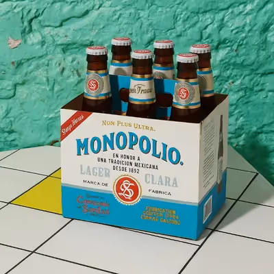 A crisp and refreshing mexican lager, Monopolio Clara Cubetazo. Six bottles.