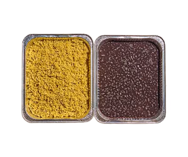 Two small containers of granola, one golden and one dark chocolate variety.