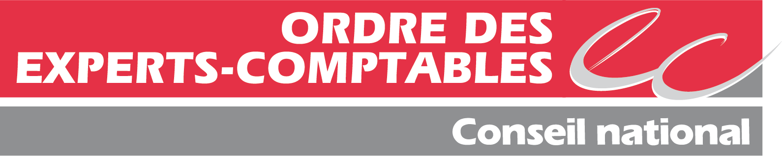 Logo de l'Ordre des Experts-Comptables avec un fond rouge et gris, texte blanc et symbole stylisé EC.