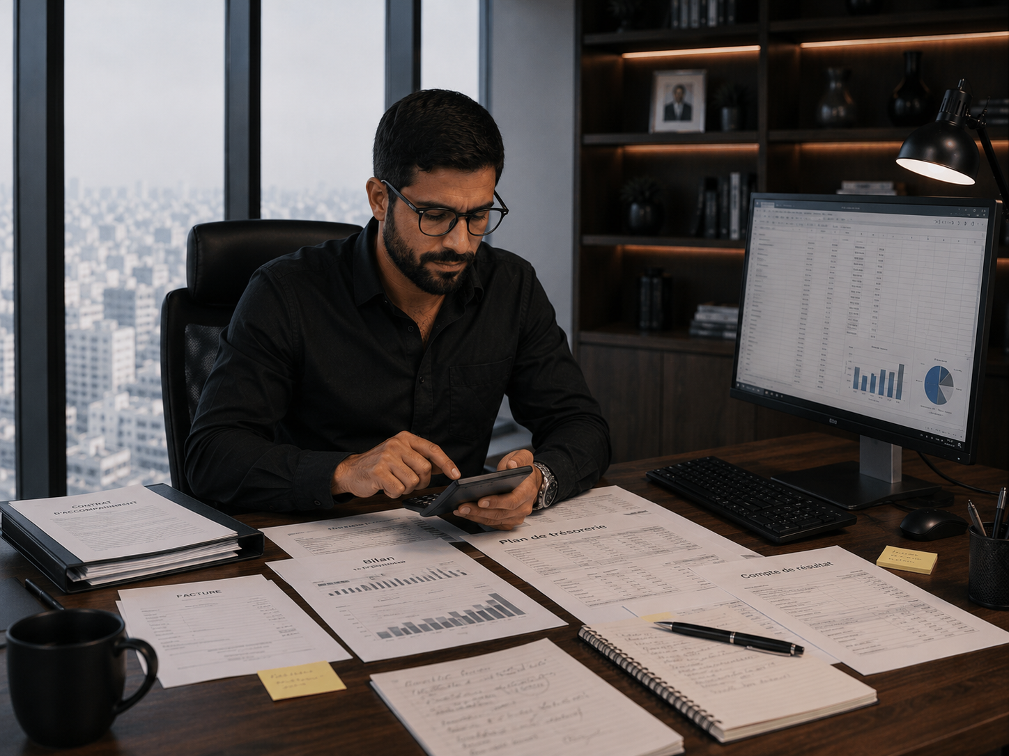 Homme en chemise noire utilise une calculatrice avec documents financiers et graphiques sur un bureau moderne.
