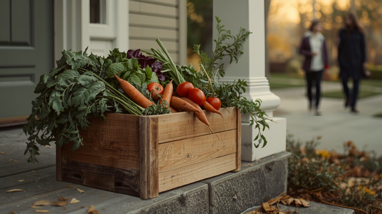 Wooden CSA box brimming with fresh vegetables and carrots from Eli's Farms