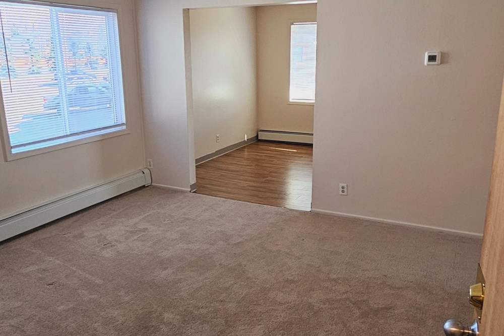 Unfurnished living area with carpet