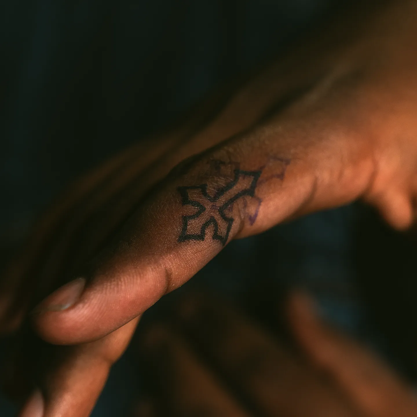 Small matching fine-line cross finger tattoos