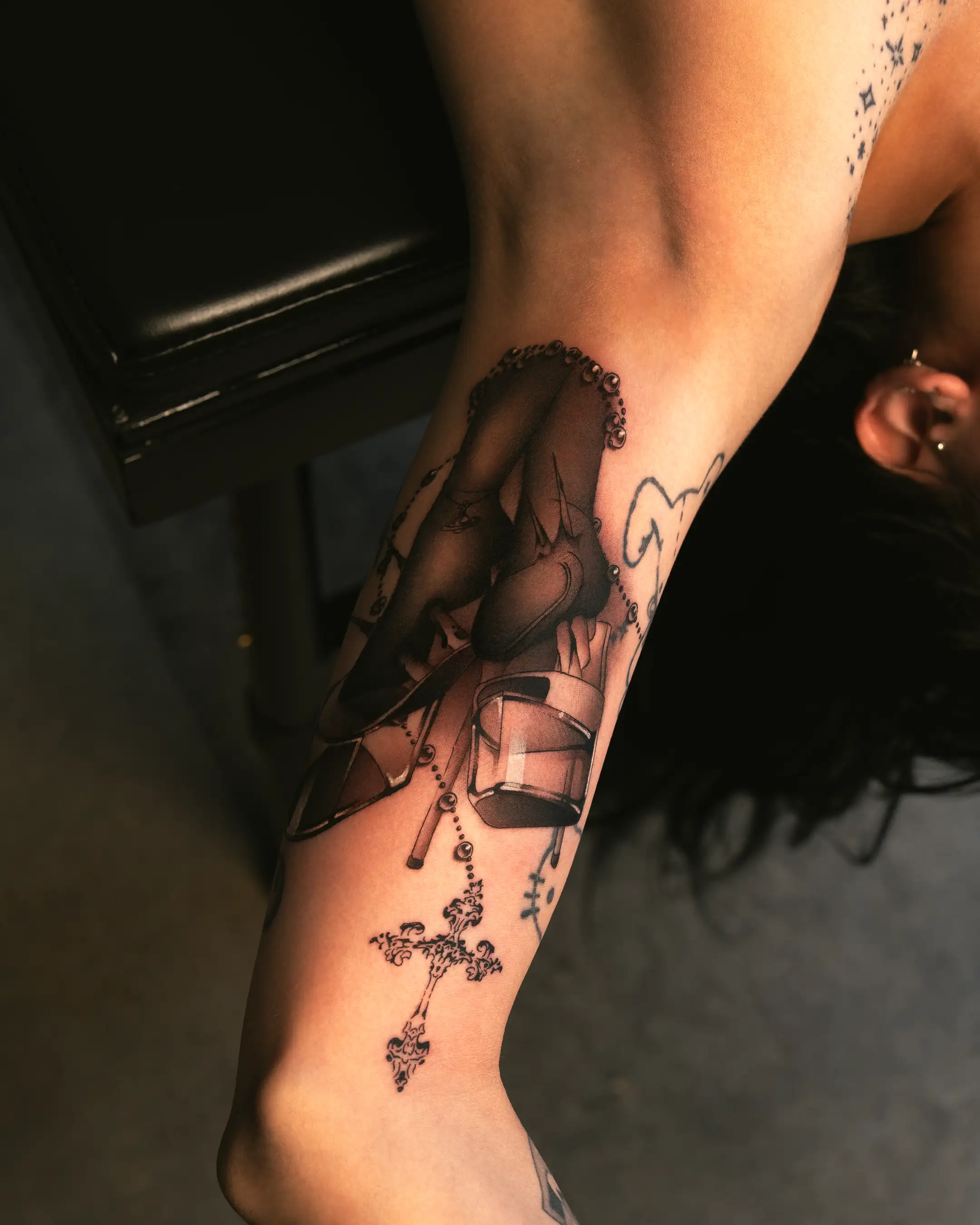 Y2K rosary and heels tattoo