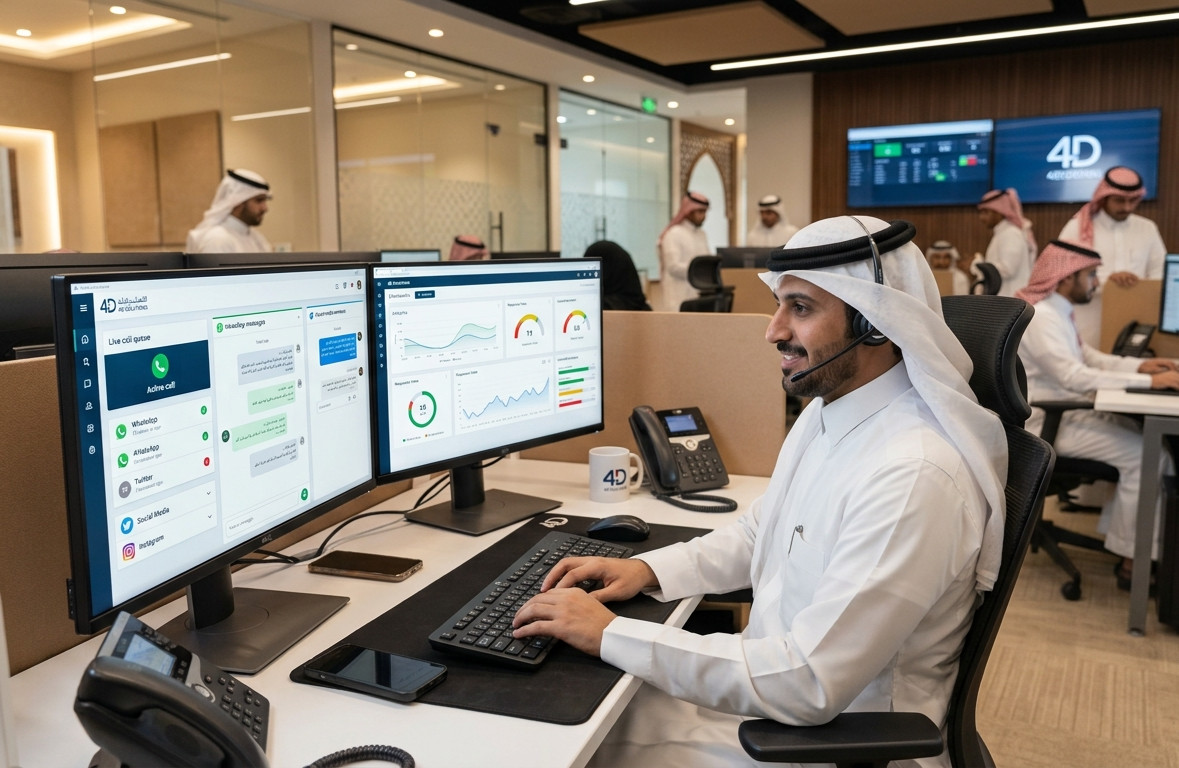 خدمات مراكز الاتصال, مراكز الاتصال السحابية, الاتصال الصوتي, واتساب للأعمال, إدارة منصات التواصل الاجتماعي, أتمتة خدمة العملاء, رؤية السعودية 2030, شركة 4D