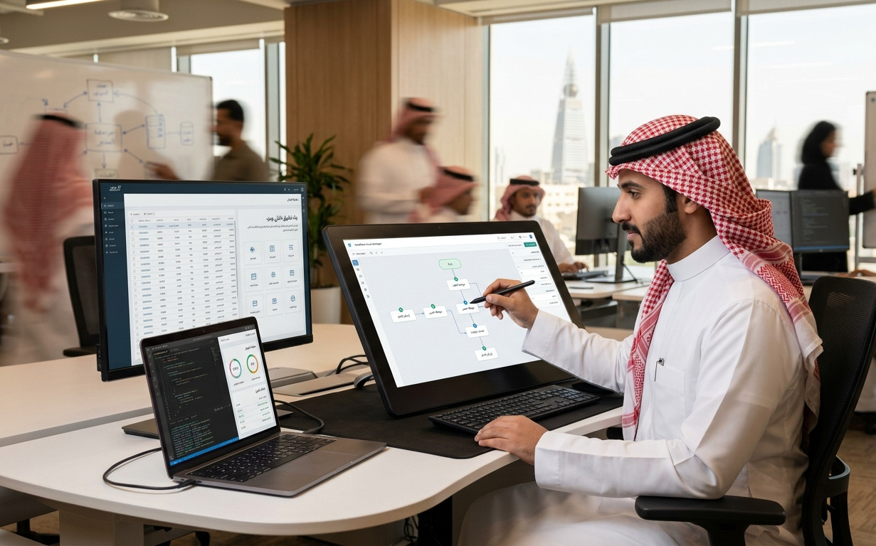الحلول الرقمية المتكاملة، أتمتة العمليات، تحليل البيانات المكانية، الخرائط الذكية، لوحات التحكم التفاعلية، اتخاذ القرار الاستراتيجي، تطبيقات بدون برمجة، حوكمة البيانات، الذكاء الاصطناعي، التحول الرقمي السعودية.