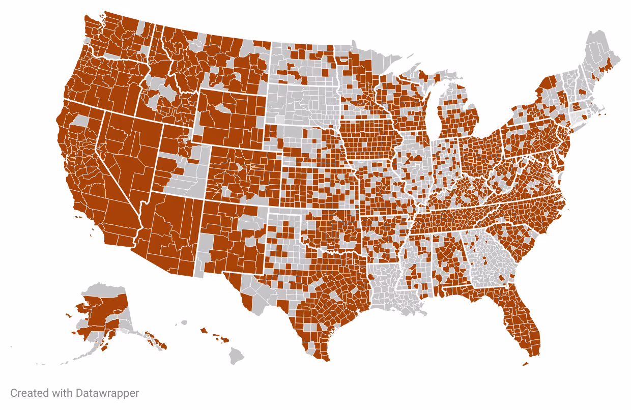 U.S. county map with many counties shaded brown, others in gray, showing regional coverage distribution.