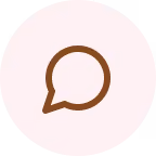Brown chat bubble icon on a light pink circular background.