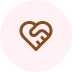 Icon of two hands shaking forming a heart shape in brown on a light circular background.
