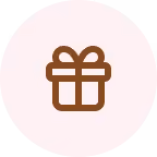 Brown gift box icon with a ribbon on a light pink circular background.