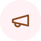Brown megaphone icon on a pale pink circular background.