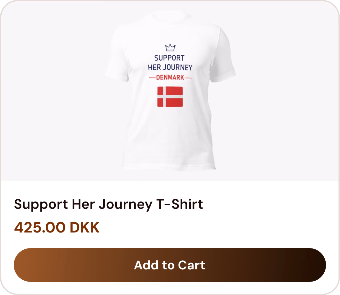 White T-shirt with text 'Support Her Journey' and a Danish flag below the word 'Denmark'.