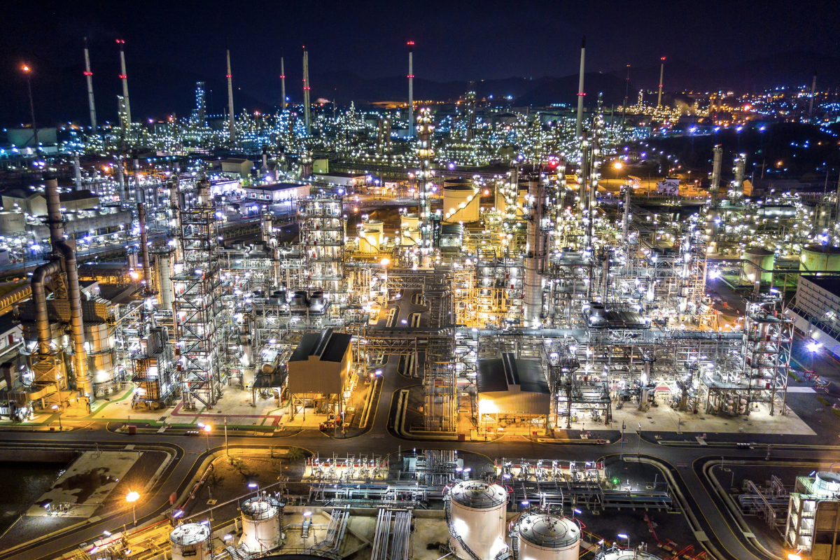 Industrial process plant illuminated at night