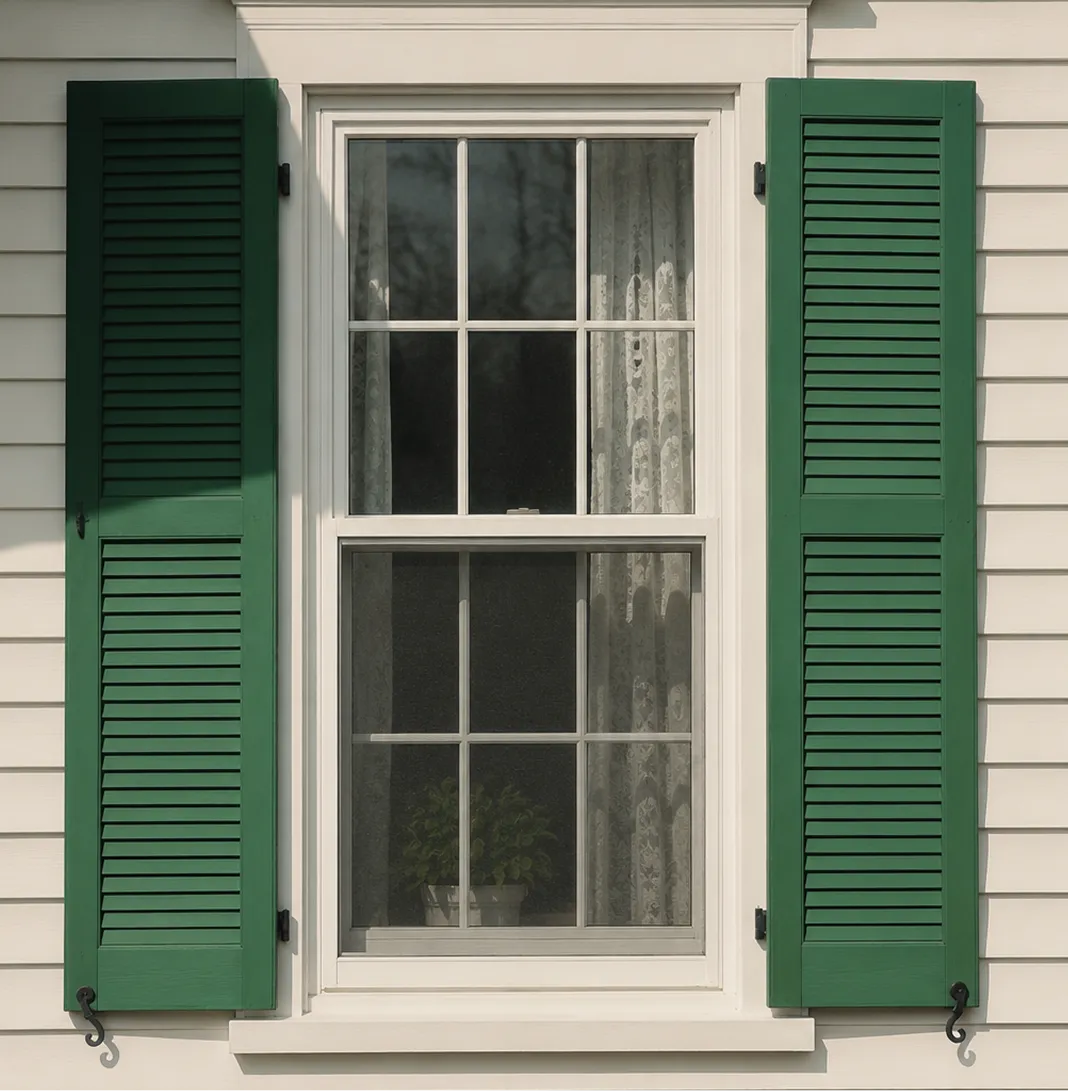 White framed double-hung window with green shutters and lace curtains with a small plant inside.