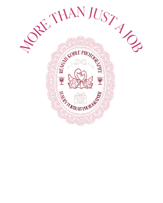 Pink lace oval frame with red swan and camera icons, text 'More Than Just a Job' arched above.