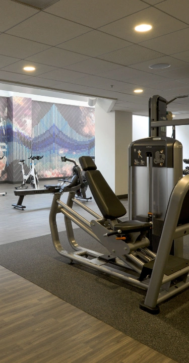 An empty, well-lit fitness center is equipped with a variety of exercise machines, including three elliptical trainers lined up against a wall with a colorful geometric mural, stationary bikes, a rowing machine, and a selection of weight machines and bench