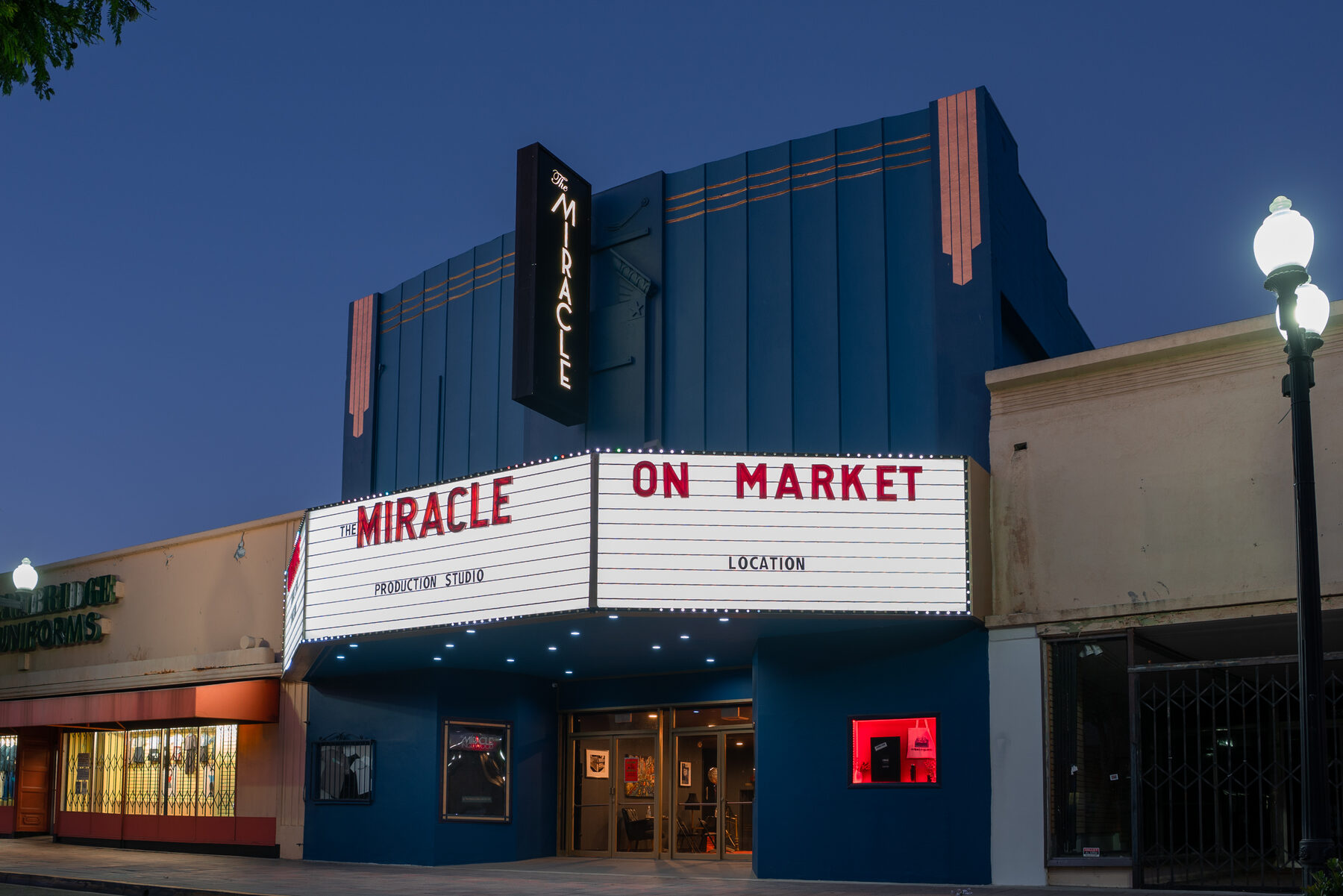 The Miracle Inglewood facade at dusk