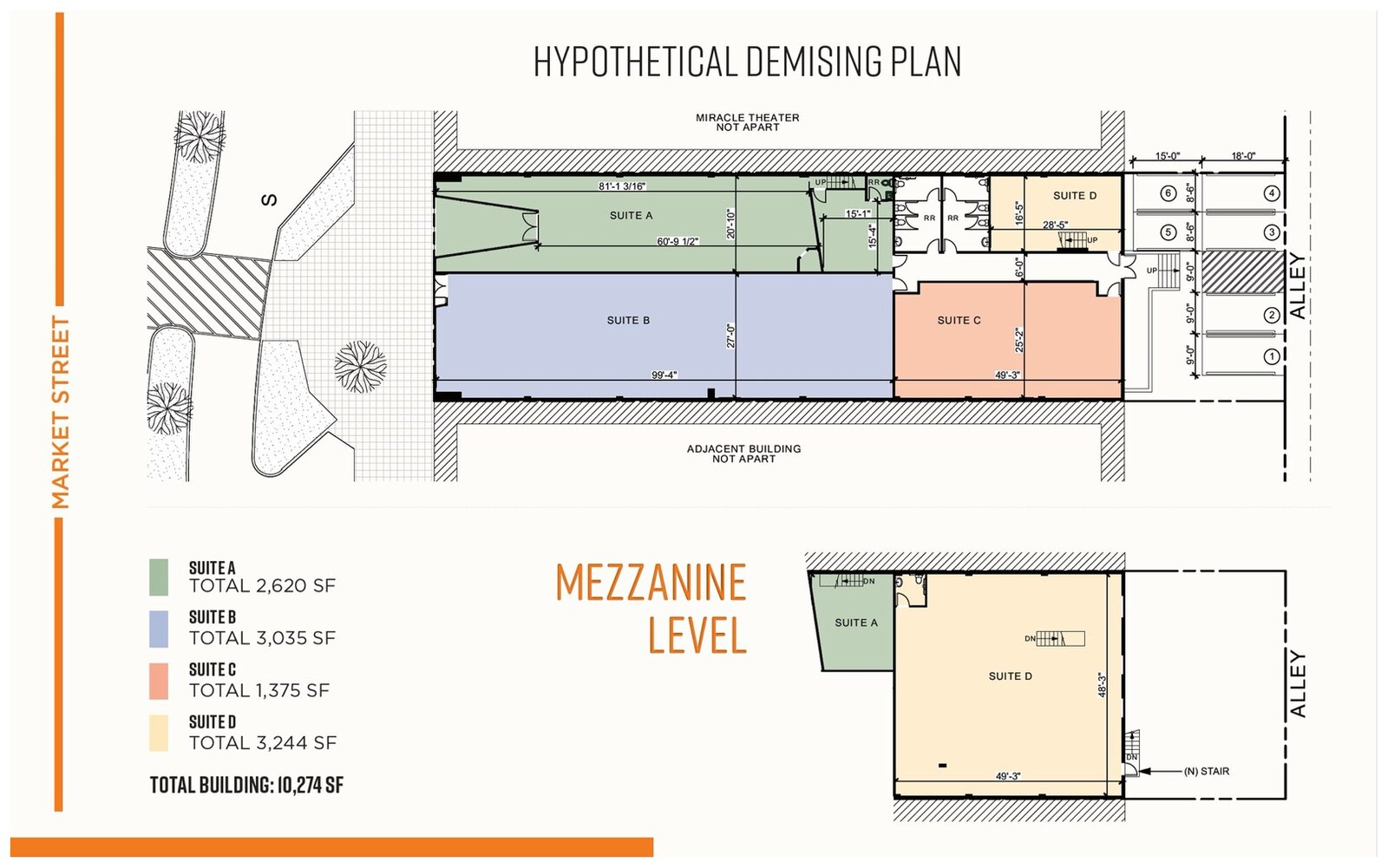 Demising plan for 230 and 234 South Market Street with square footages