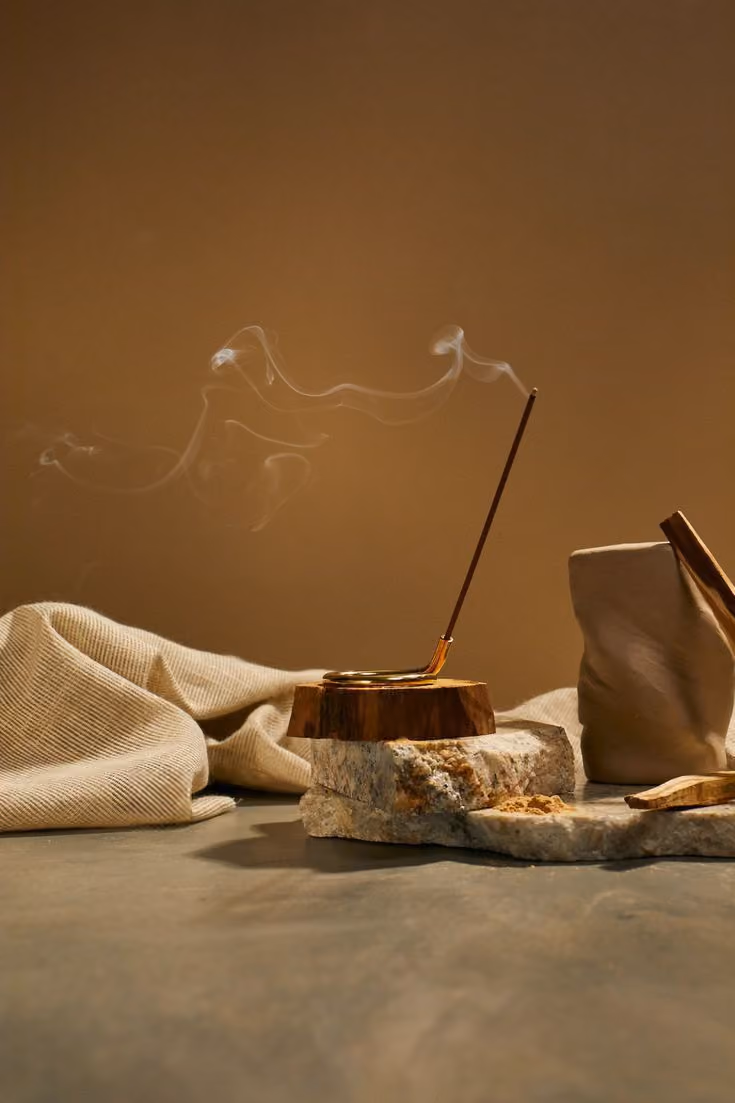 Burning incense stick in a holder with smoke curling upwards on a stone surface with fabric in background.