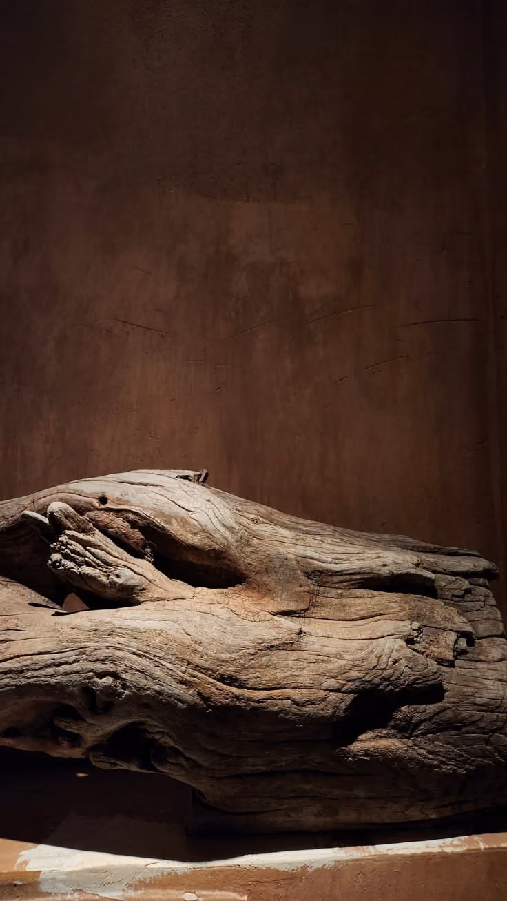 Large, weathered piece of driftwood displayed against a textured brown wall.