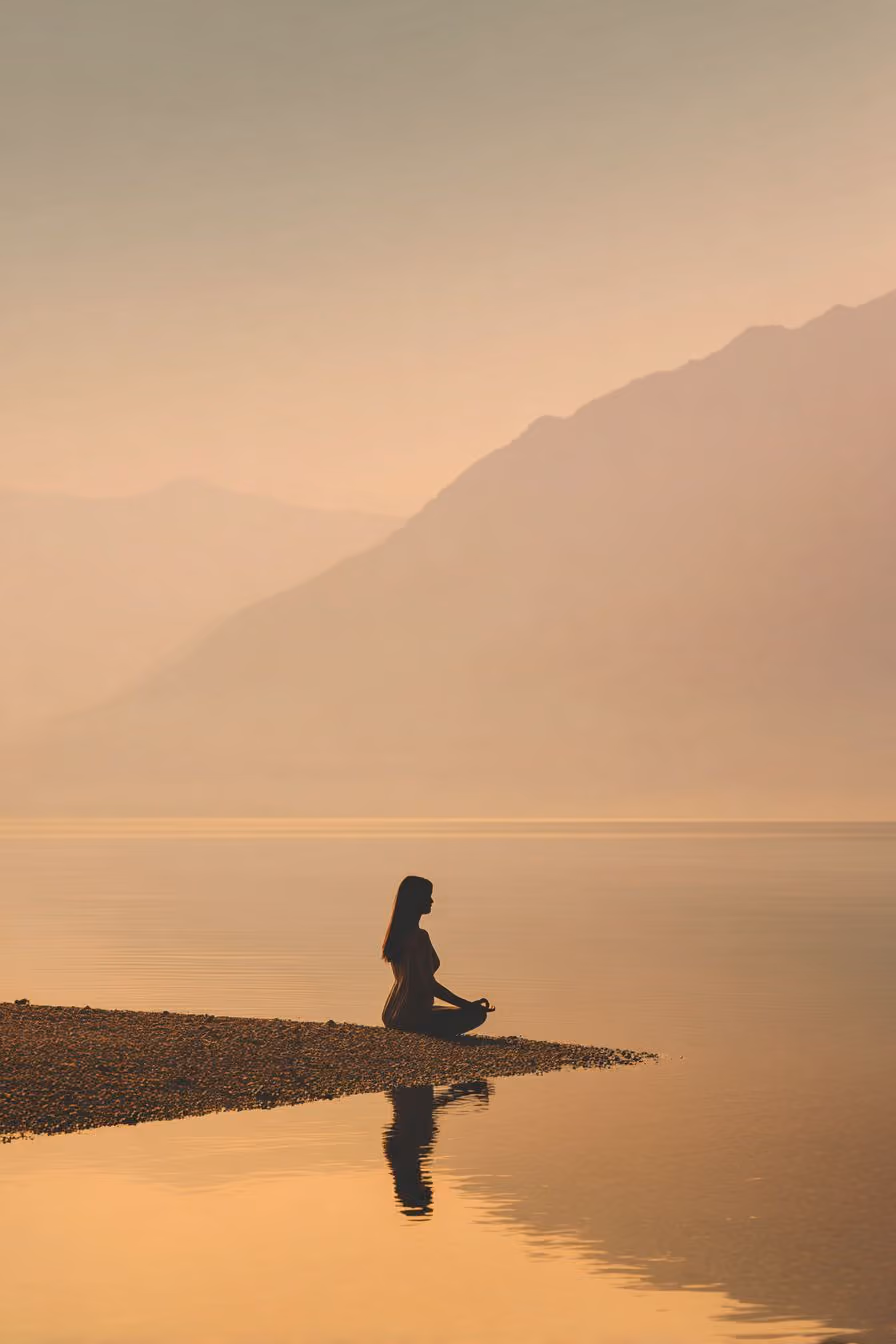 Silhouette of a woman meditating by a calm lake with mountains in the background at sunset.