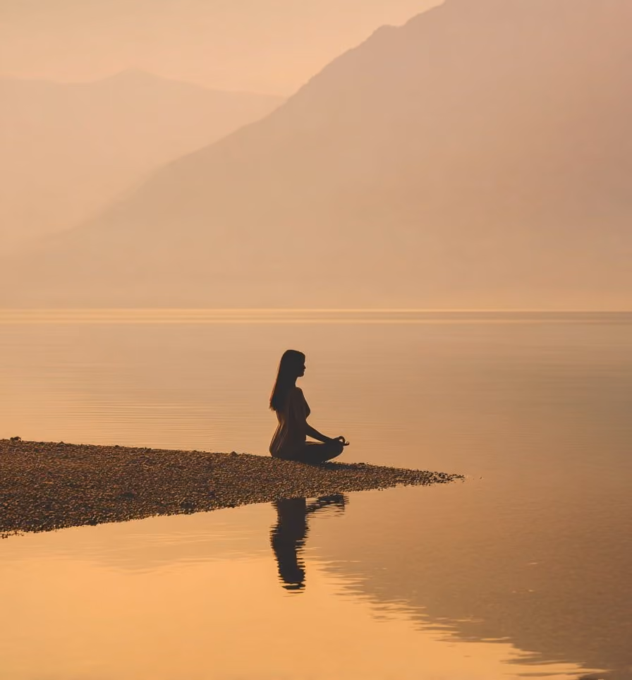 Silhouette of a woman meditating on pebbled shore at calm lake with mountain backdrop at sunset.