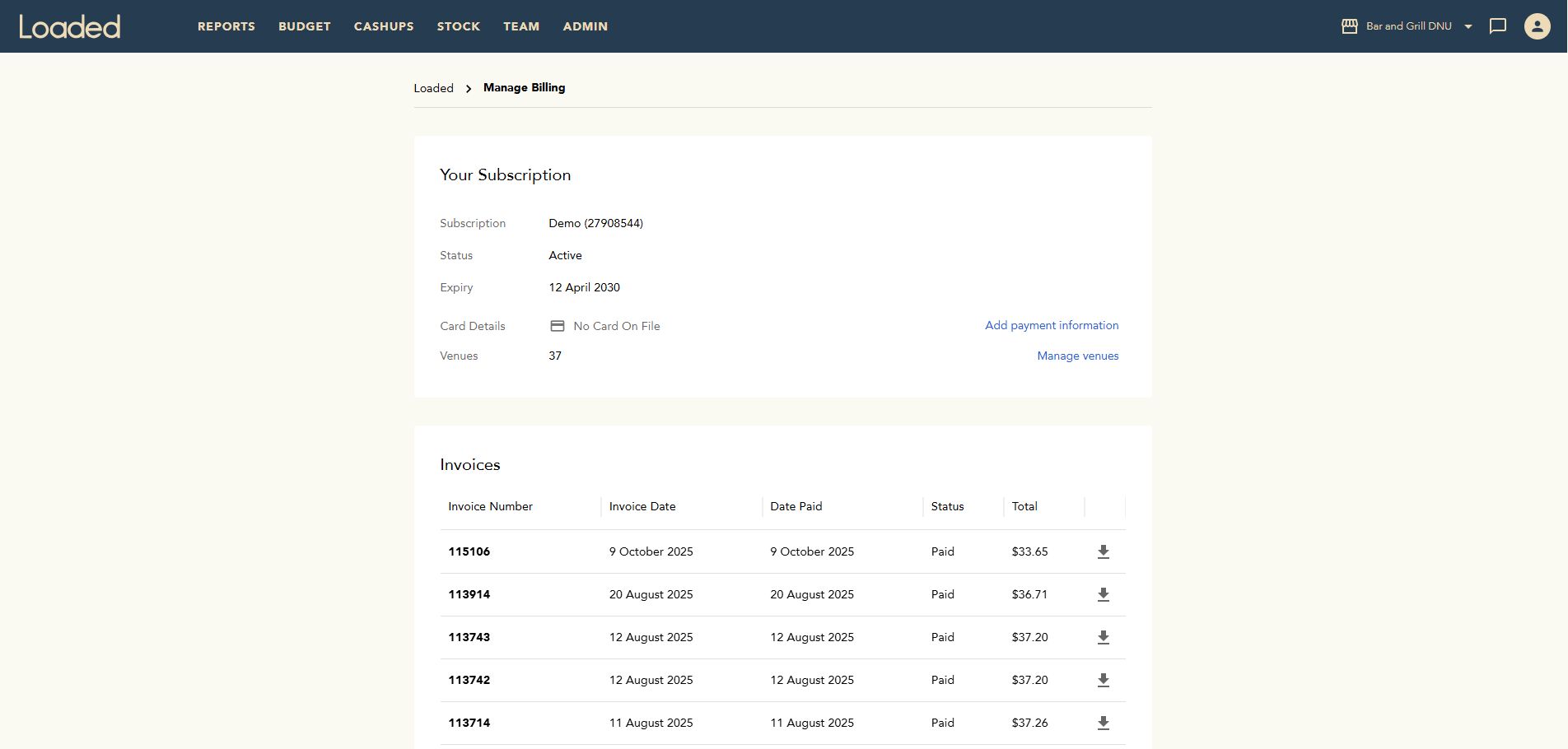 Subscription invoices list in Loaded