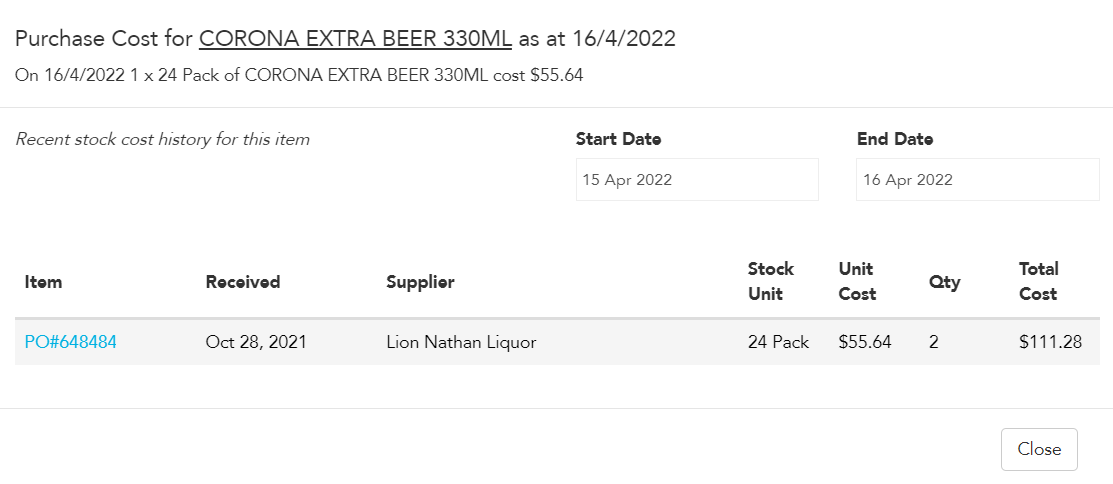 Purchase order history for a stock item